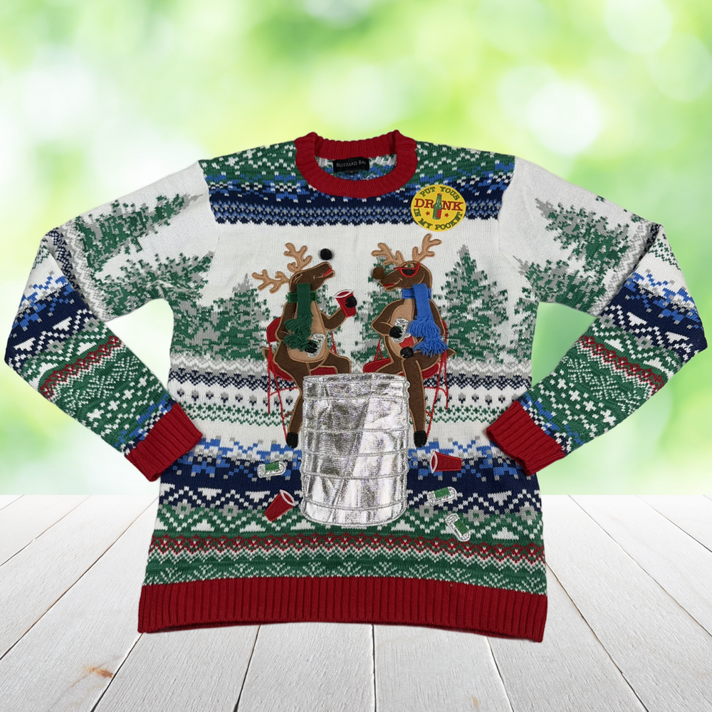 New BLIZZARD BAY Christmas Sweater Reindeer Drink Holder Funny Ugly Mens S
